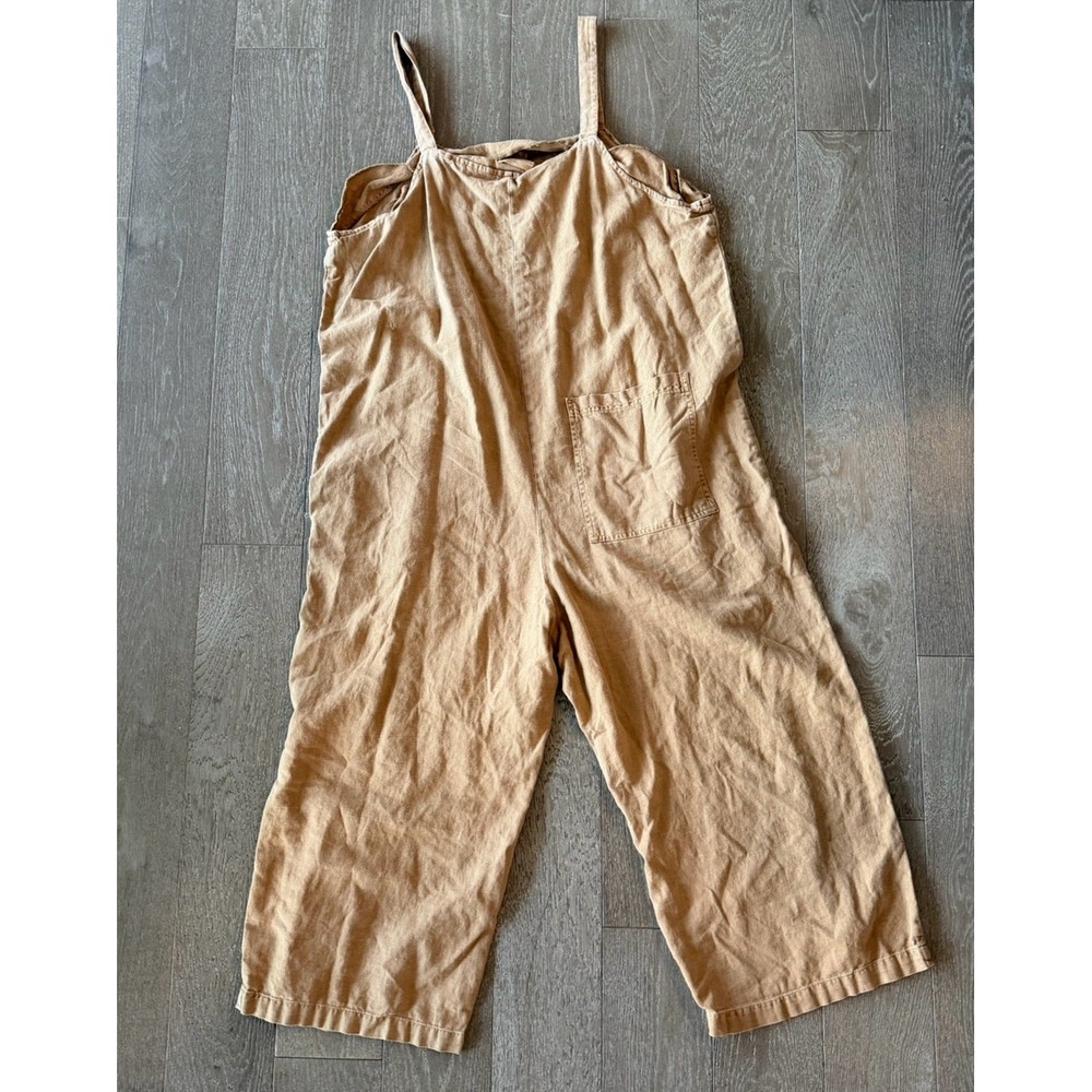 Women's Tan Utility Overalls Jumpsuit XL Wide Leg Pockets Boho Lagenlook